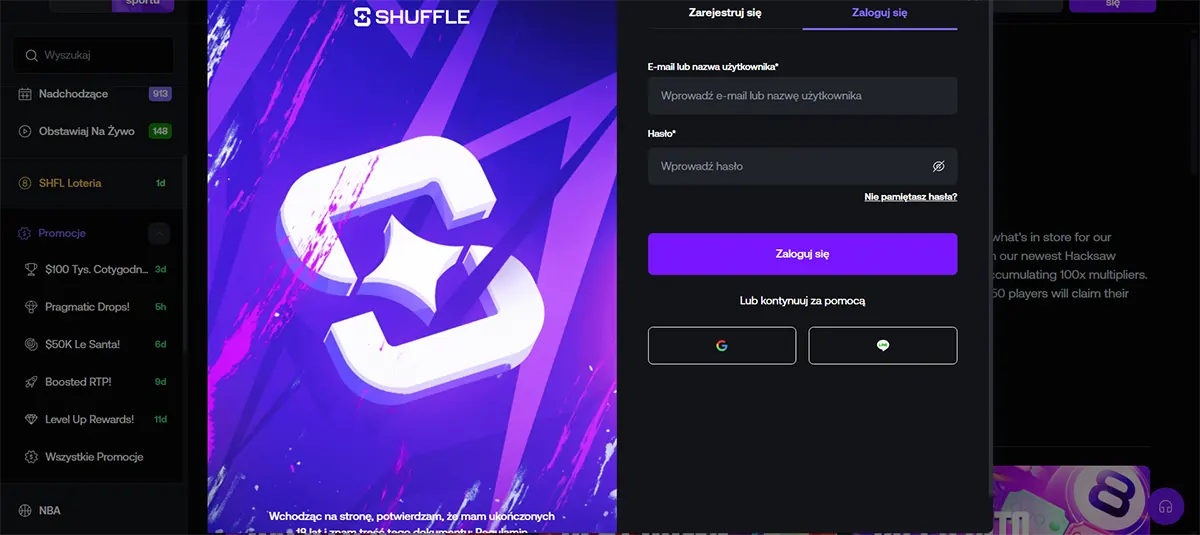 Login screen on Shuffle platform with email or username field, password input, and social login options